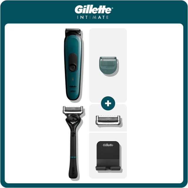 Gillette Intimate grooming kit with trimmer, razor, sensitive body comb, and spare blades.