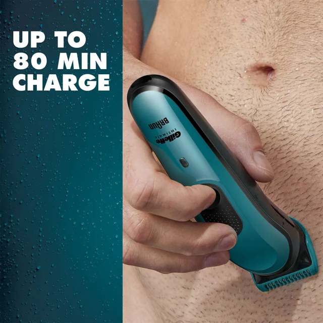 Gillette Intimate Trimmer, highlighting 'UP TO 80 MIN CHARGE'.