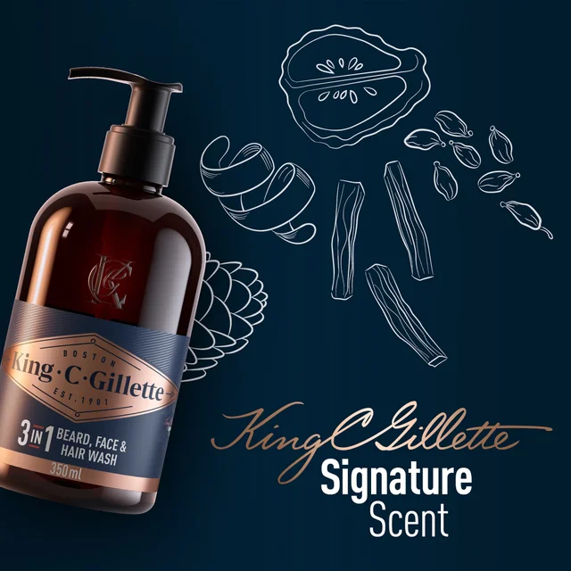 King C. Gillette 3-in-1 Beard, Face & Hair Wash, with Signature Scent.