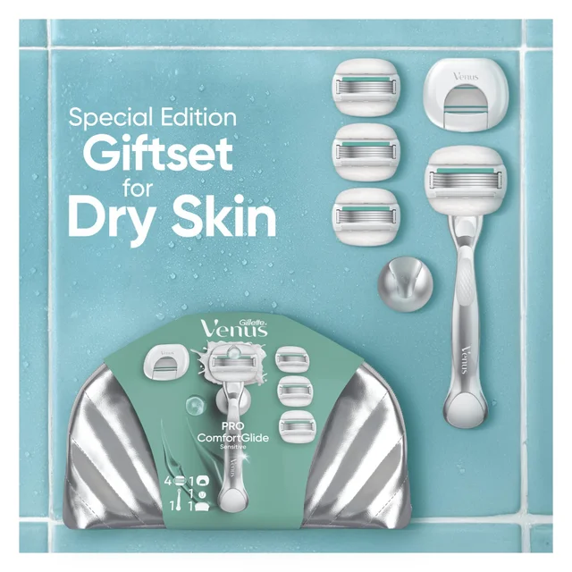 Gift Set: Gillette Venus Pro ComfortGlide Sensitive Razor, 4 Razor Blades, Shower Hook & Travel Bag